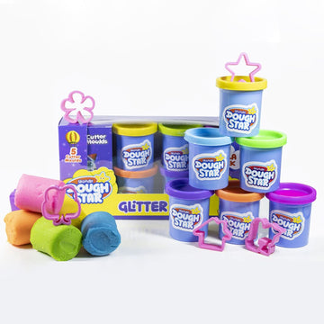 Skoodle Dough Star Gala Pack 300Gm, 6 Shades Of Non-Toxic Glitter Modelling Dough, Includes 5 Cutter Moulds For Kids 3 Years And Up