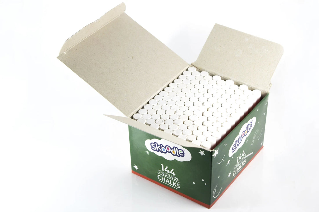 SKOODLE Premium Dustless White Chalk Set | 144 Non-Toxic & Washable Chalk Sticks for Blackboards, Green Boards & Sidewalk Art
