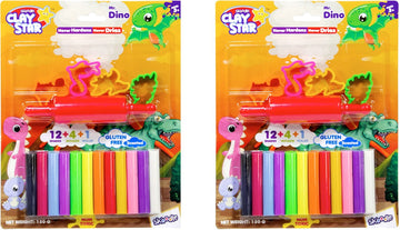 SKOODLE Clay Star Mr. Dino Art Clay Set | 12 Shades with 4 Moulds & Roller | Gluten-Free Modelling Clay | Pack of 2 (150g Each)
