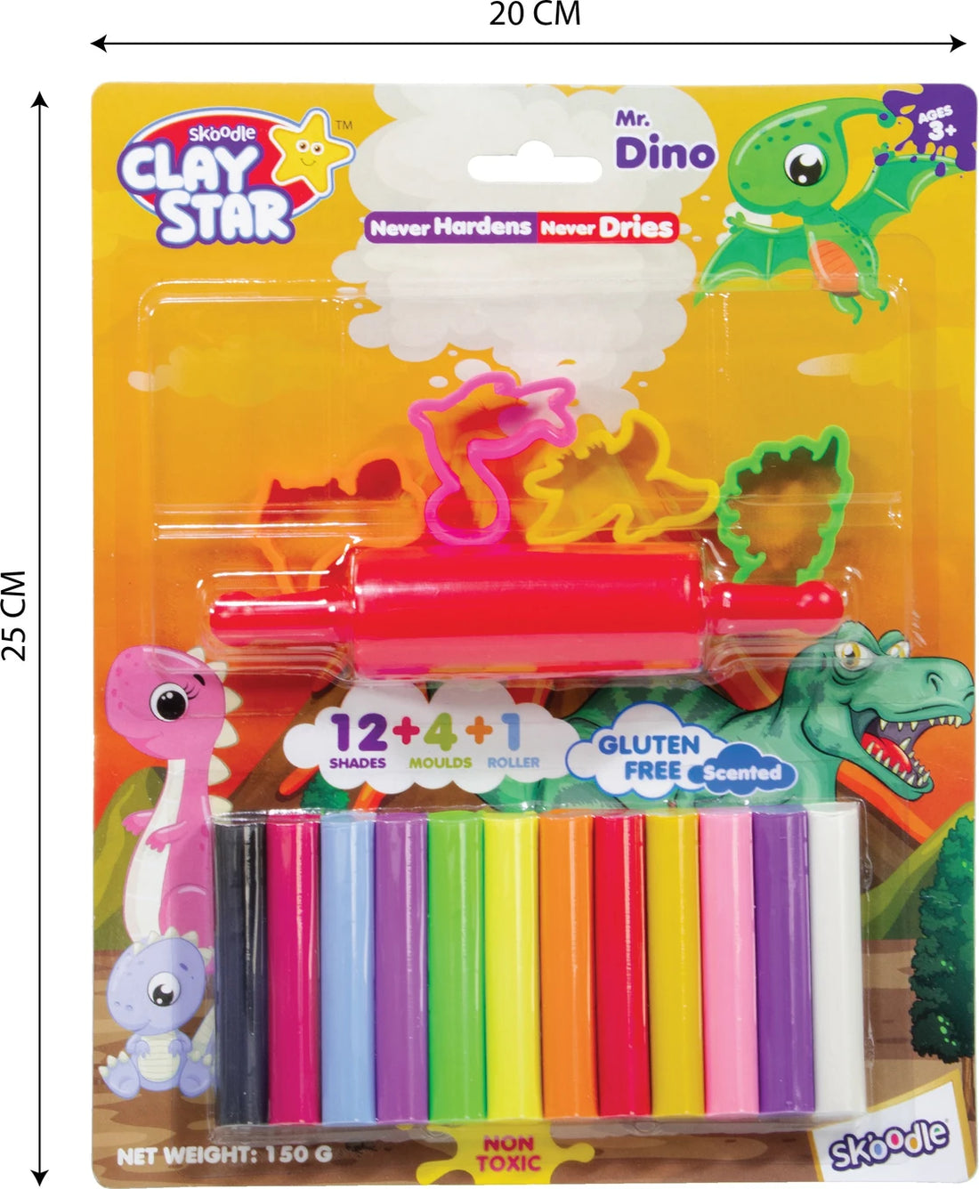 SKOODLE Clay Star Mr. Dino Art Clay Set | 12 Shades with 4 Moulds & Roller | Gluten-Free Modelling Clay | Pack of 2 (150g Each)