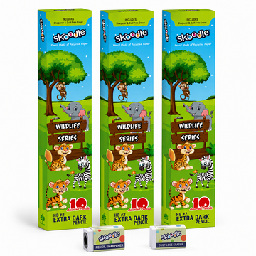 SKOODLE Wildlife Series Paper Pencil Set of 3 with Eraser & Sharpener