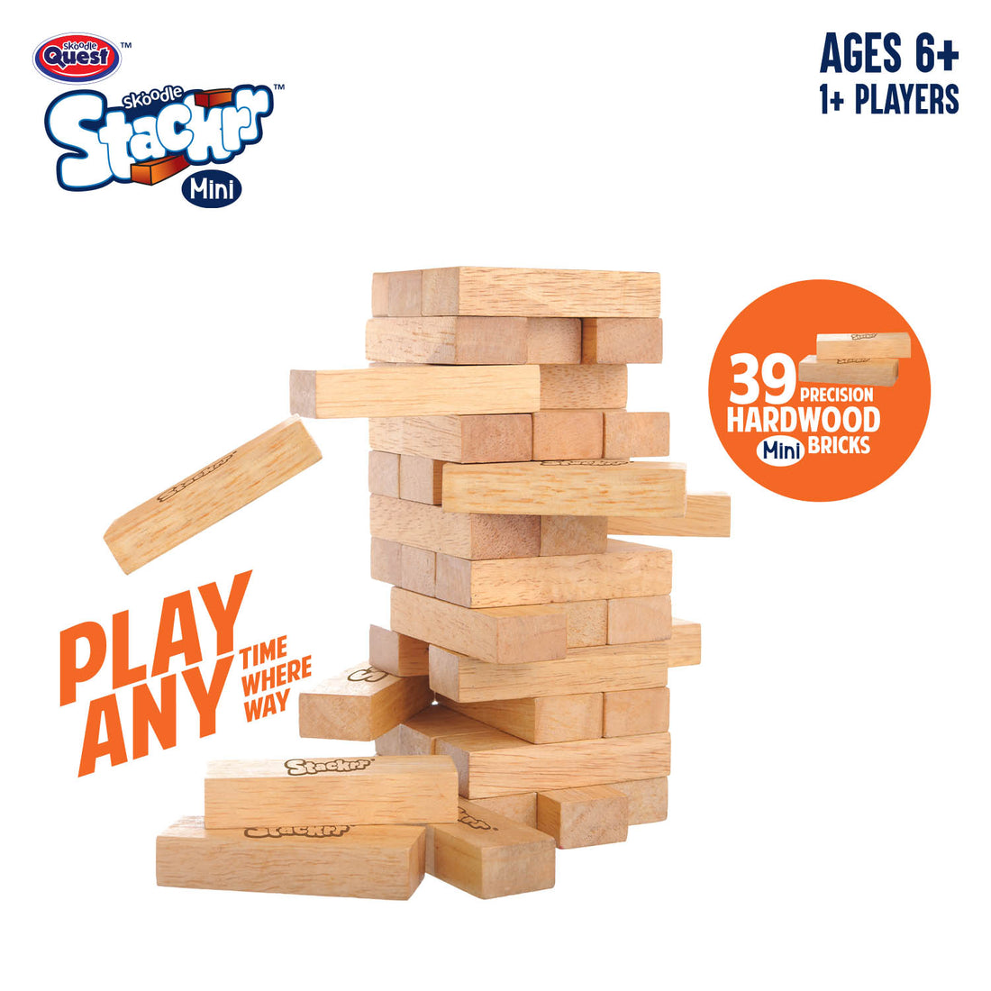 Skoodle Stackrr Mini Stacking Tumbling Tower Game With 39 Precision Wooden Blocks Of Premium Beachwood For Adults And Kids, 1 Or More Players