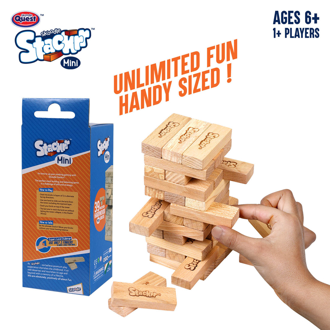 Skoodle Stackrr Mini Stacking Tumbling Tower Game With 39 Precision Wooden Blocks Of Premium Beachwood For Adults And Kids, 1 Or More Players
