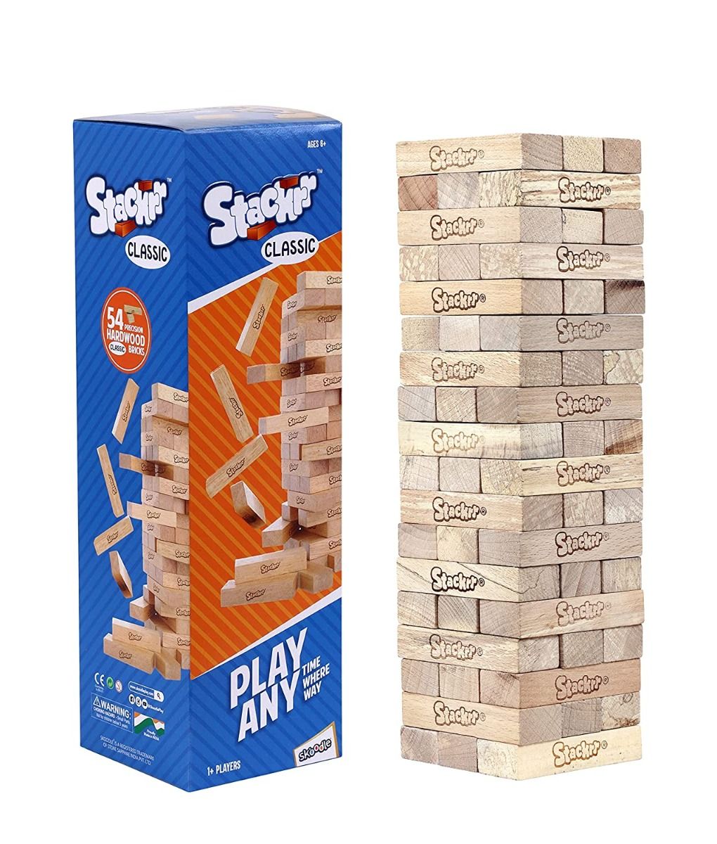 Skoodle Stackrr Classic Stacking Tumbling Tower Game With 54 Precision Wooden Blocks Of Premium Beachwood For Adults And Kids, 1 Or More Players