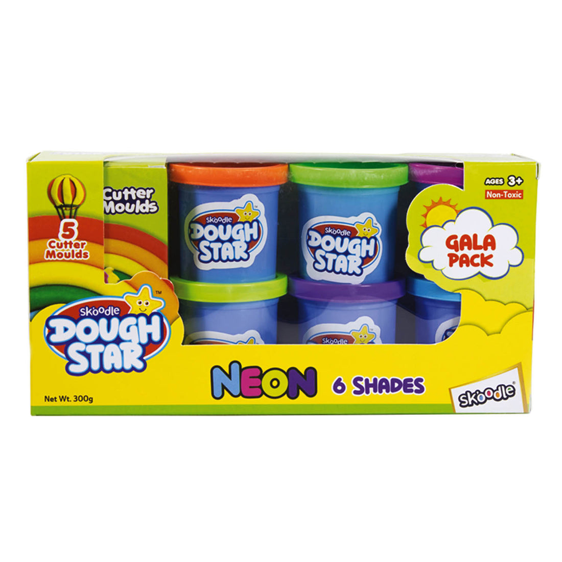 Skoodle Dough Star Gala Pack 300Gm, 6 Shades Of Non-Toxic Neon Modelling Dough, Includes 5 Cutter Moulds For Kids 3 Years And Up