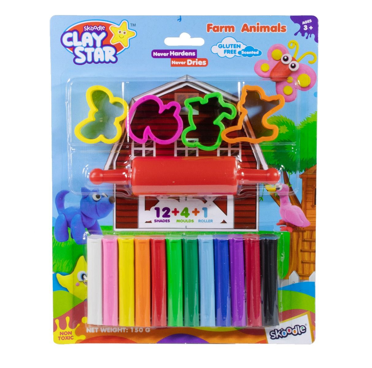 Skoodle Clay Star Scented Clay Pack, 150 Gms With 4 Moulds & 1 Roller - Farm Animals