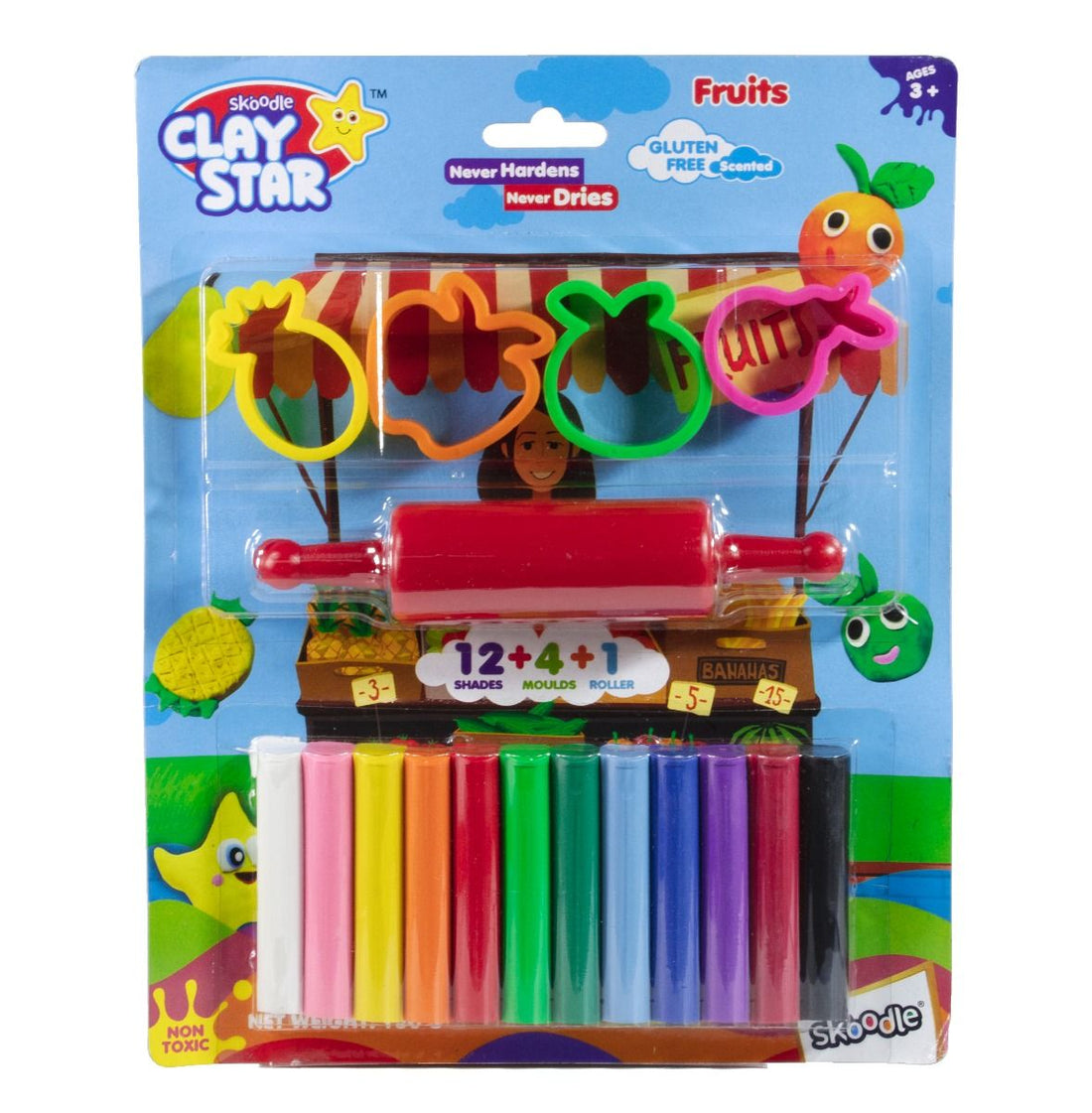 Skoodle Clay Star Scented Clay Pack, 150 Gms With 4 Moulds & 1 Roller - Fruits
