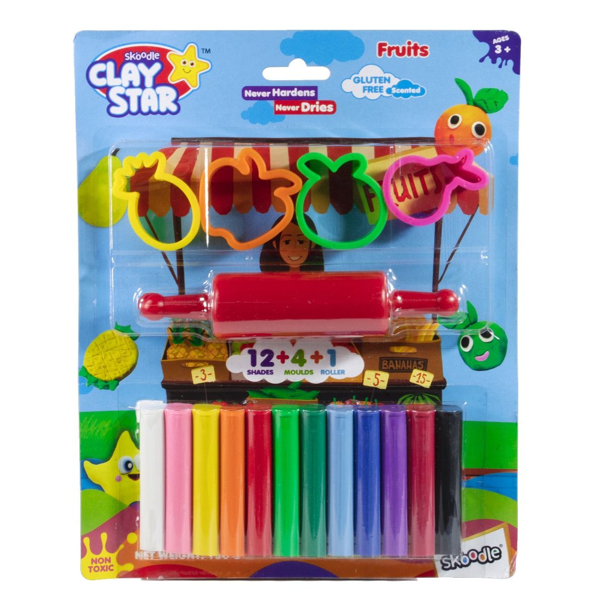 Skoodle Clay Star Scented Clay Pack, 150 Gms With 4 Moulds & 1 Roller - Fruits
