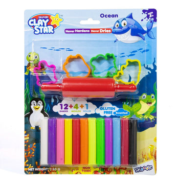 Skoodle Clay Star - Ocean With 12 Shades, 4 Moulds & 1 Roller, Non-Toxic, Gluten Free 150gm
