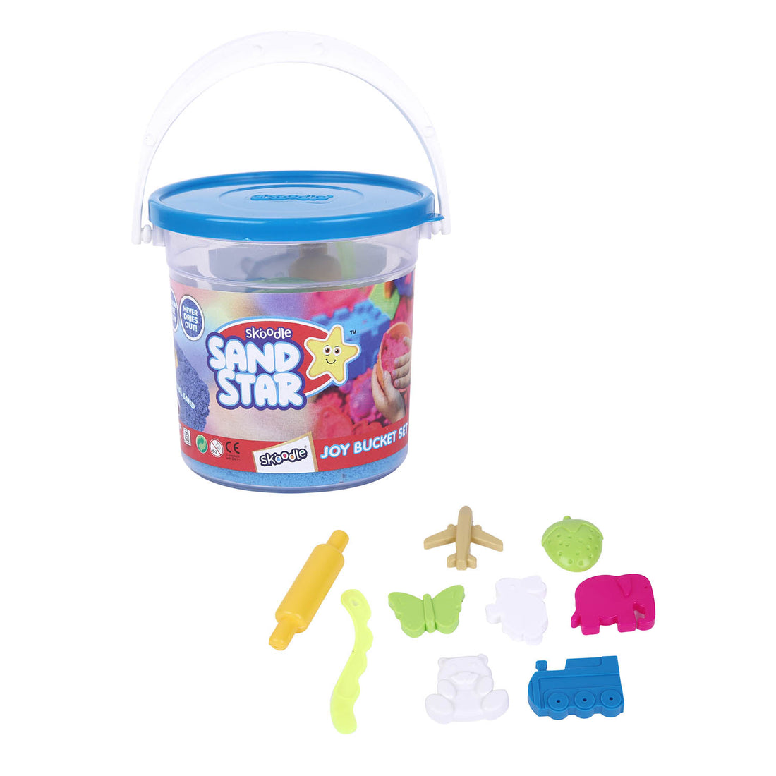 Skoodle Sand Star Bucket - 175gm with 11 Moulds,1 Roller Pin & 1 Tool (Assorted Color)