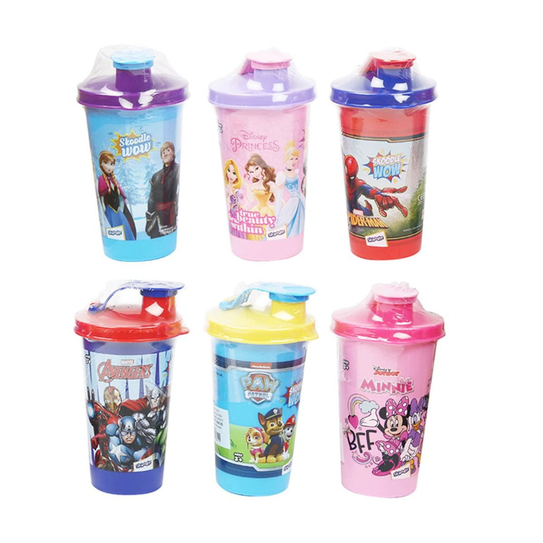 Skoodle Set Of 12 Licenced Disney & Marvel Tumbler Sipper Cup, Cute Water Bottle With Lid, Food Grade Plastic, Leak Proof, Bpa Free, 300 Ml With Surprise Gift Inside.