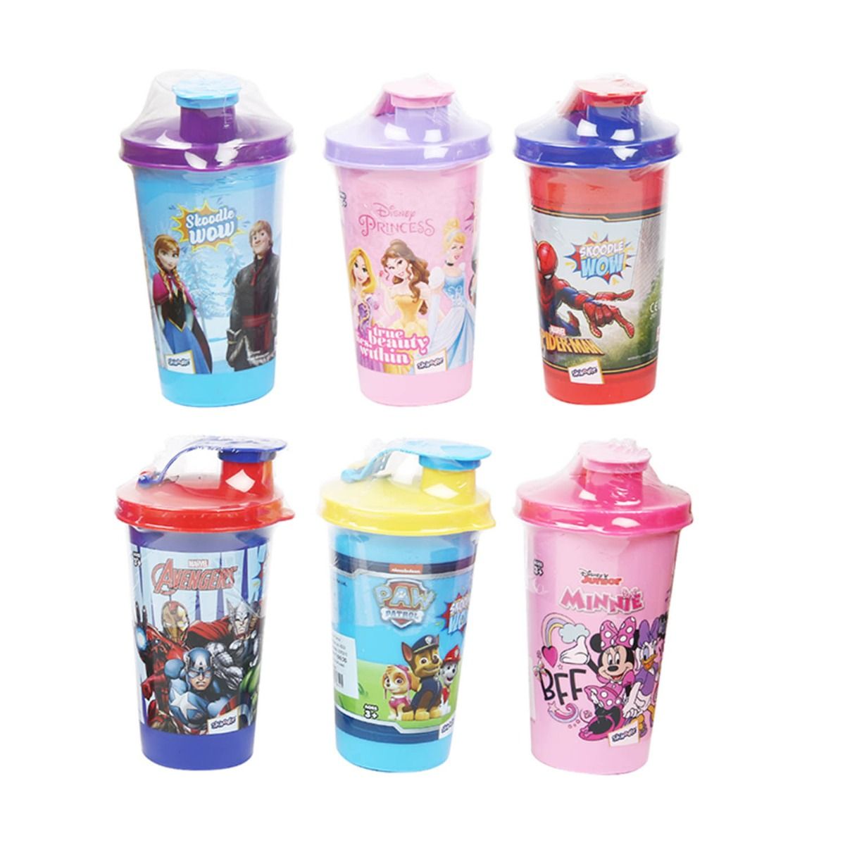 Skoodle Set Of 12 Licenced Disney & Marvel Tumbler Sipper Cup, Cute Water Bottle With Lid, Food Grade Plastic, Leak Proof, Bpa Free, 300 Ml With Surprise Gift Inside.
