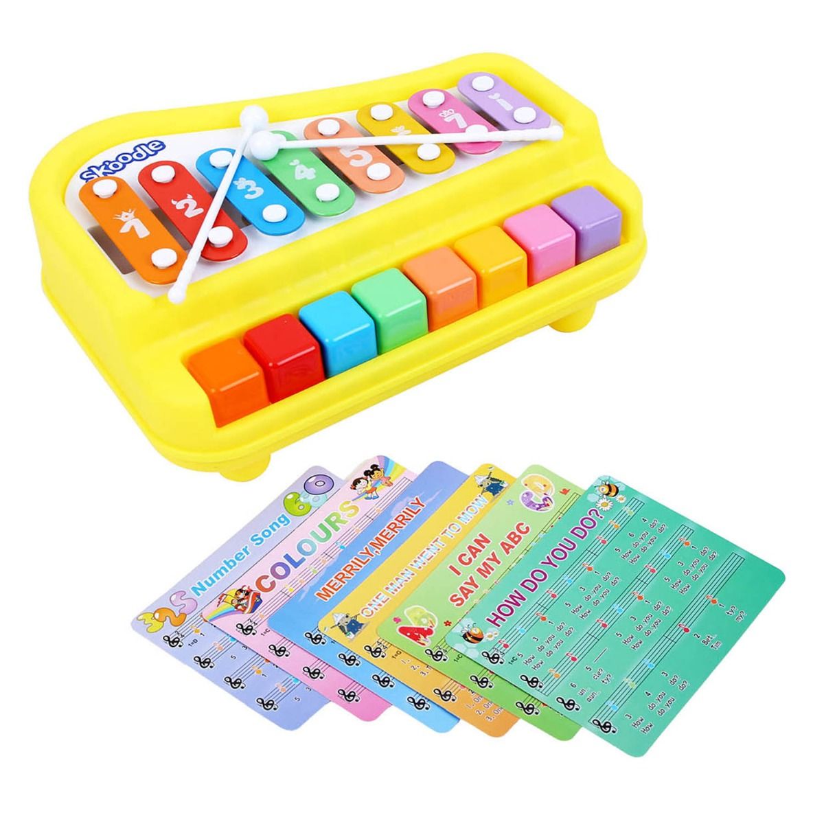 Skoodle 2-In-1 Xylophone Musical Piano For Kids, Interactive Preschool Learning Instrument & Toy With 8 Keys, 2 Mallets- Ideal For Baby, Boys And Girls & Gifting (Age 3+), Yellow