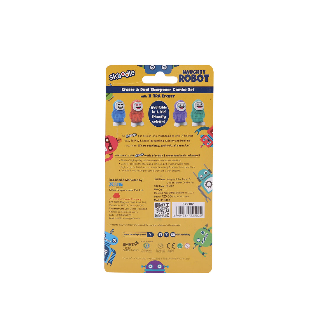 Skoodle Naughty Robot Eraser & Dual Sharpener Set with Xtra Eraser