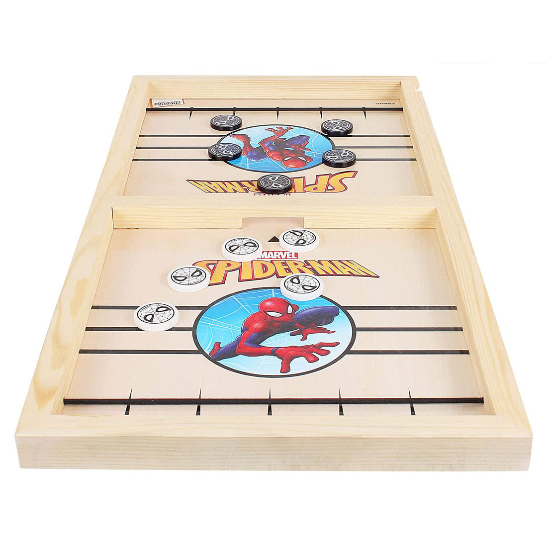 Skoodle Sling Puck Game With Spider Man Print For Kids Indoor And Outdoor Acitivties, Ideal For Party/Kids Gift (1 Smooth Wooden Board X 10 Spiderman Pucks) (Age 6+)