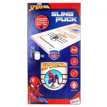 Skoodle Sling Puck Game With Spider Man Print For Kids Indoor And Outdoor Acitivties, Ideal For Party/Kids Gift (1 Smooth Wooden Board X 10 Spiderman Pucks) (Age 6+)