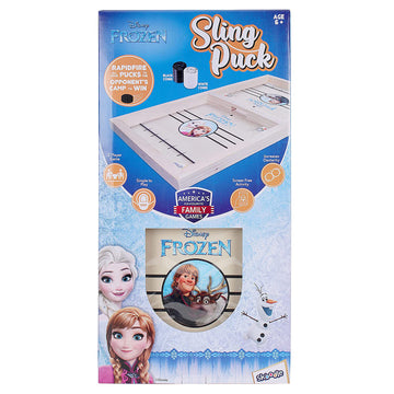 Skoodle Disney Frozen Sling Puck Game, Super-Fast Portable Table Board Game For Kids And Adults, Tabletop Slingshot Games Toys For Kids (1 Smooth Wooden Board X 10 Disney Frozen Pucks) (Age 6+)