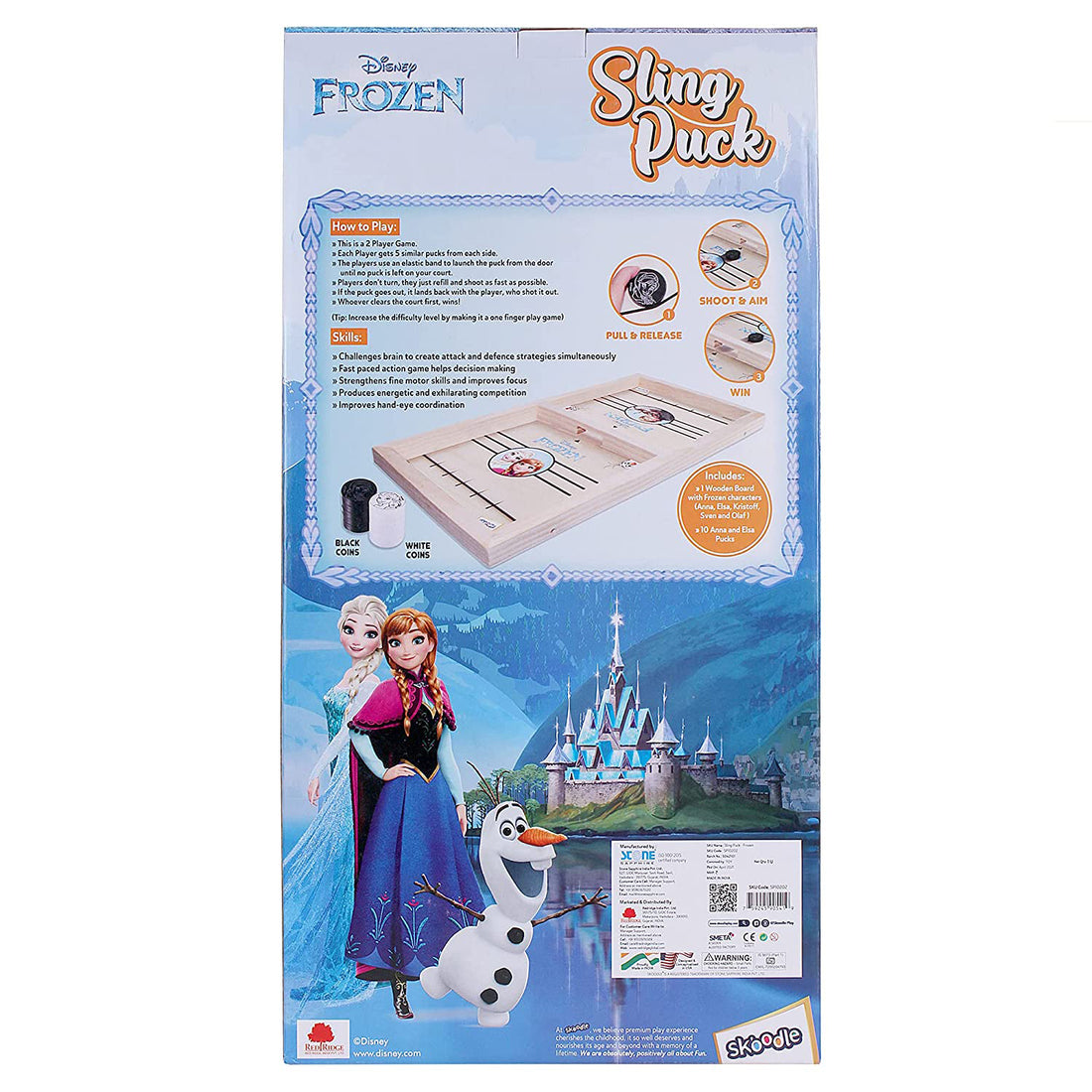 Skoodle Disney Frozen Sling Puck Game, Super-Fast Portable Table Board Game For Kids And Adults, Tabletop Slingshot Games Toys For Kids (1 Smooth Wooden Board X 10 Disney Frozen Pucks) (Age 6+)