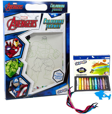 Skoodle Marvel Avengers Colouring Frames for Kids - DIY, Fun Filled Colouring/Painting Sheets, Specially Crafted to Enhance Play & Colouring Experience (6 Sheets + 12 Color Sticks + 6 Strings)