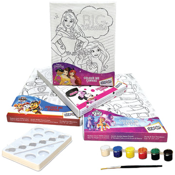 Set of 4 Colour Me Canvas Kit of Disney Princess, Paw Patrol, Minnie, My Little Pony, 4 Canvas, 6x8 Inch, 6 Tempera Colours, Brush and Palette with Each Canvas, Ages 3+ Years