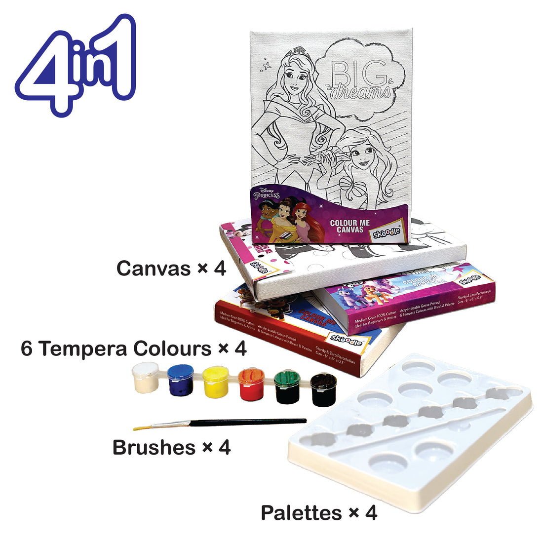 Set of 4 Colour Me Canvas Kit of Disney Princess, Paw Patrol, Minnie, My Little Pony, 4 Canvas, 6x8 Inch, 6 Tempera Colours, Brush and Palette with Each Canvas, Ages 3+ Years