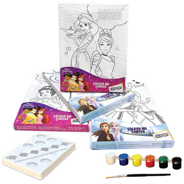 Set of 4 Colour Me Canvas Kit for Disney Princess, Frozen, Elsa, Anna 4-in-1 Set, 6x8 in, 100% Cotton, with 6 Tempera Colours, Brush and Palette, Ages 3+