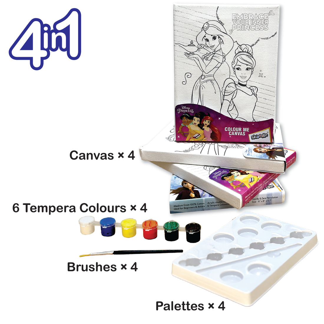Set of 4 Colour Me Canvas Kit for Disney Princess, Frozen, Elsa, Anna 4-in-1 Set, 6x8 in, 100% Cotton, with 6 Tempera Colours, Brush and Palette, Ages 3+