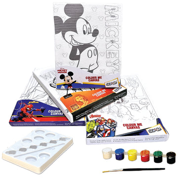 Set of 4 Colour Me Canvas Painting Kit of Disney Mickey Mouse, Lion King, Spiderman & Avengers, 6x8 in, 4 Canvas with Tempera Colours, Brush & Palette, Age 3Y+