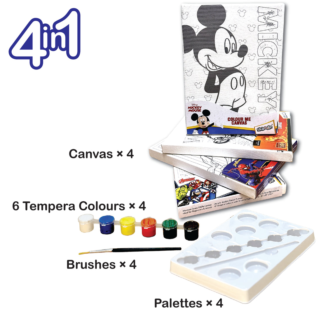 Set of 4 Colour Me Canvas Painting Kit of Disney Mickey Mouse, Lion King, Spiderman & Avengers, 6x8 in, 4 Canvas with Tempera Colours, Brush & Palette, Age 3Y+