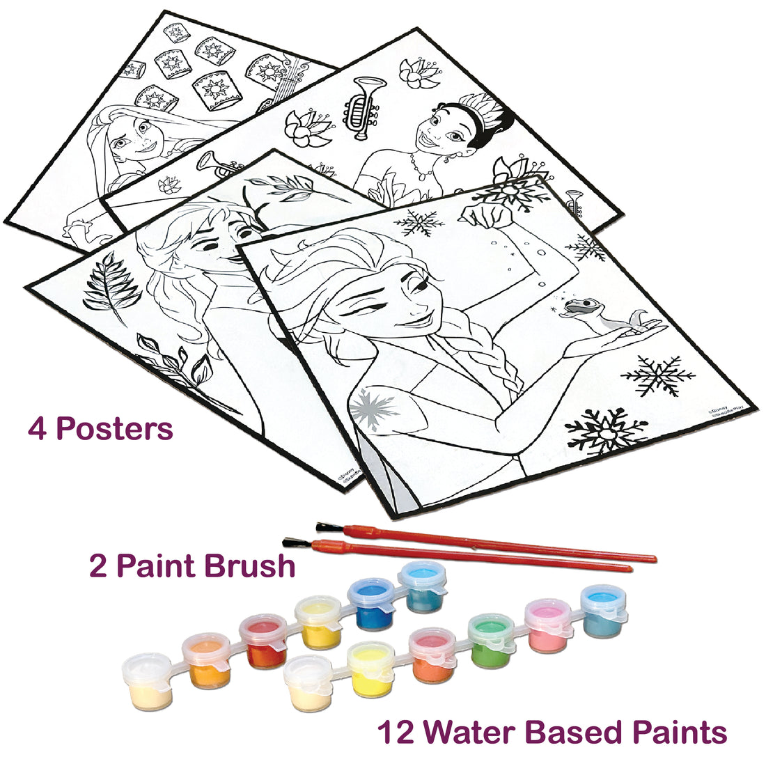 Disney Princess & Frozen Paint Your Own Poster, Ages 3+, 4 Posters, 12 Water-Based Paints, 2 Brushes, 25x20 cm