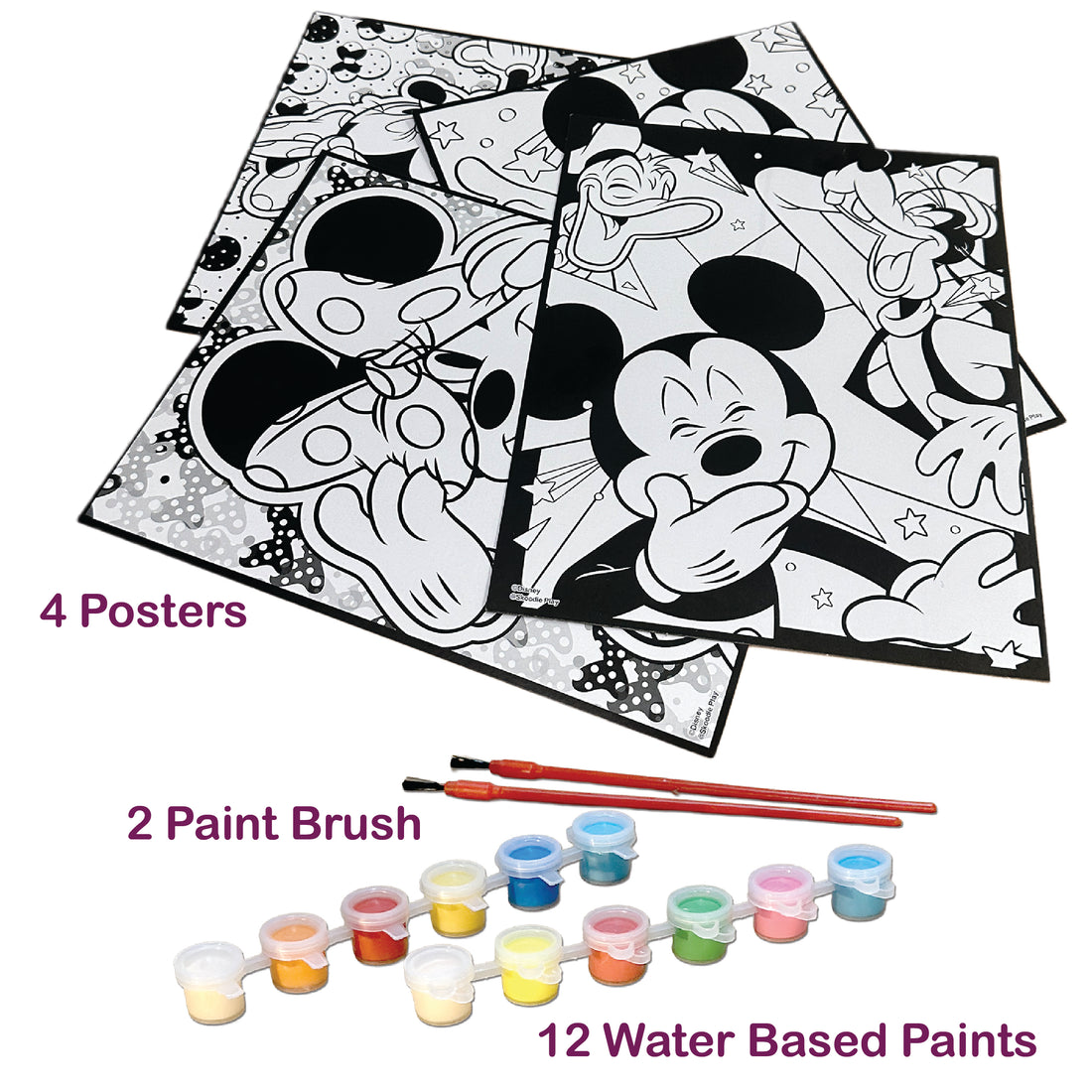 Disney Mickey & Minnie Paint Your Own Poster Kit, 4 Posters, 12 Water-Based Paints, 2 Brushes, Ages 3+