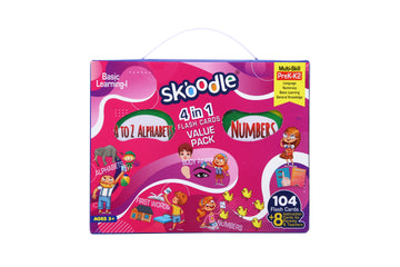 Skoodle 104 Double-Sided Reusable Flash Cards Value Pack 4-in-1 for Kids Ages 3–5 | Alphabets, Numbers, Human Body Parts & First Words | Preschool Educational Learning Kit
