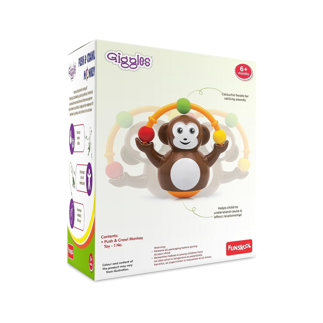 Funskool Giggles Push N Crawl Monkey Toy for Babies | Crawling & Activity Learning Toy | Multicolour | 6+ Months
