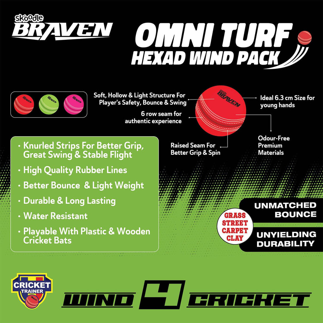 Braven Wind 4 Cricket Ball Set Of 6 (2 Colors X3 Each)