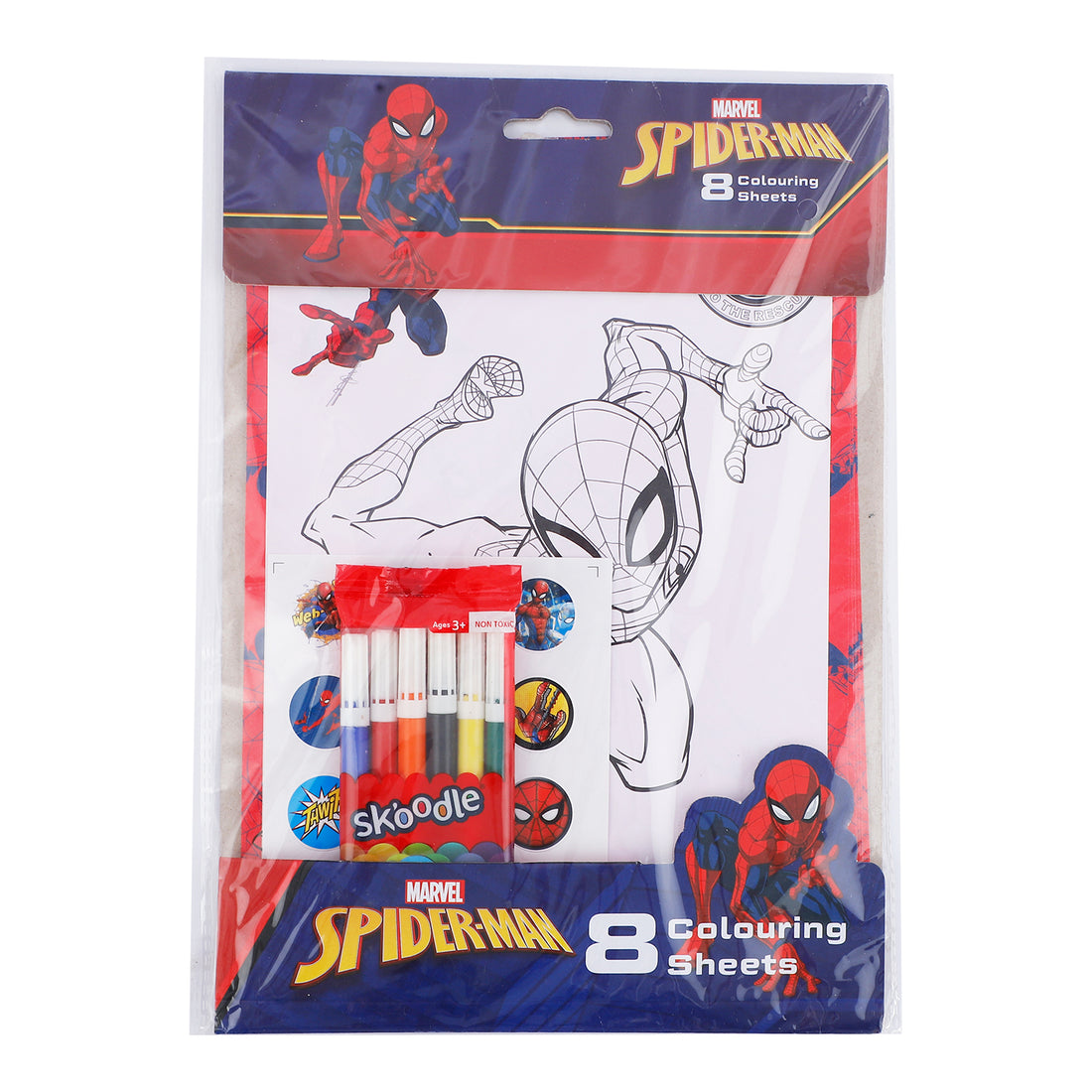 Marvel Spider-Man Colouring Sheets Pack of 5 with 5 Sketch Pens & 1 Sticker Sheet | Kids Colouring Activity Set