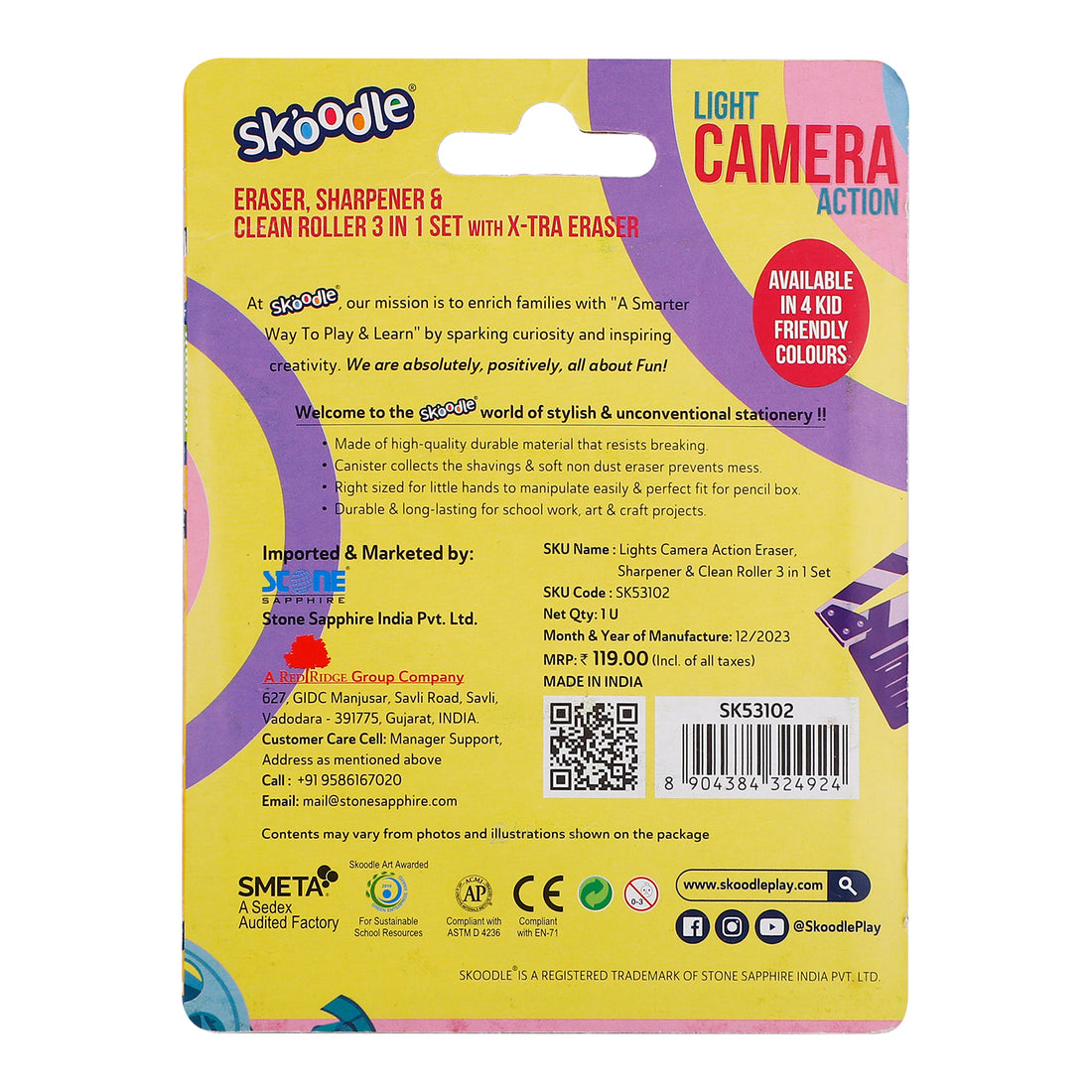 SKOODLE Camera Eraser, Sharpener & Clean Roller 3-in-1 Set with Extra Eraser