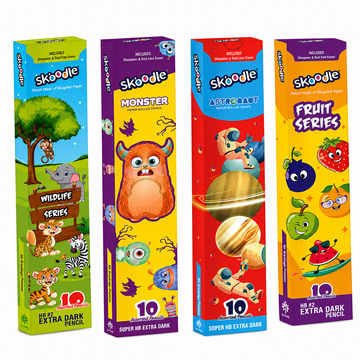 SKOODLE Mega Pencil Pack Combo Set of 4 – Wildlife, Fruits, Monsters & Astro Themed Pencils