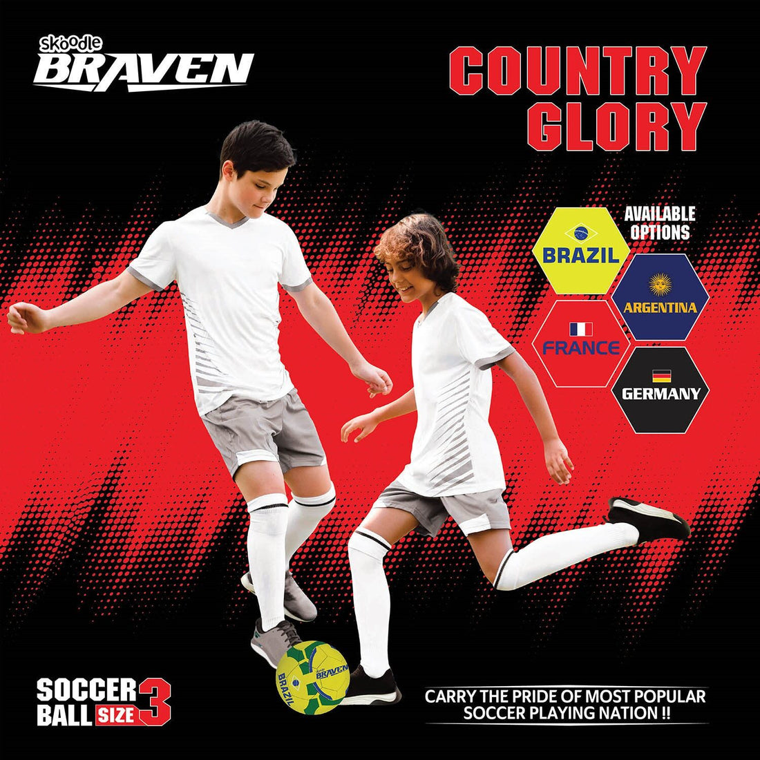 Braven Country Glory Football - Size 3 (Moulded) - Brazil / France / England / Spain / Germany / Argentina