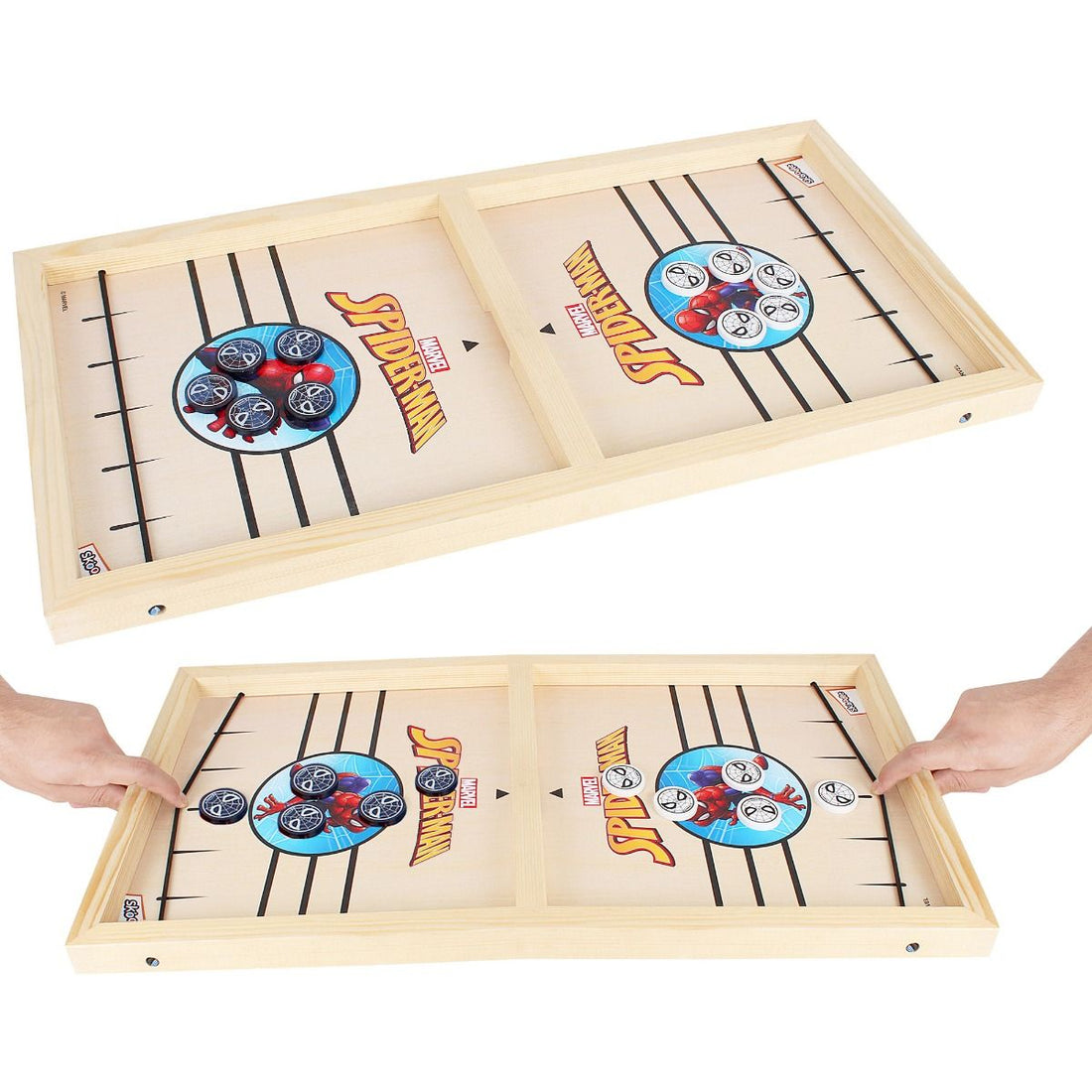 Skoodle Sling Puck Game With Spider Man Print For Kids Indoor And Outdoor Acitivties, Ideal For Party/Kids Gift (1 Smooth Wooden Board X 10 Spiderman Pucks) (Age 6+)