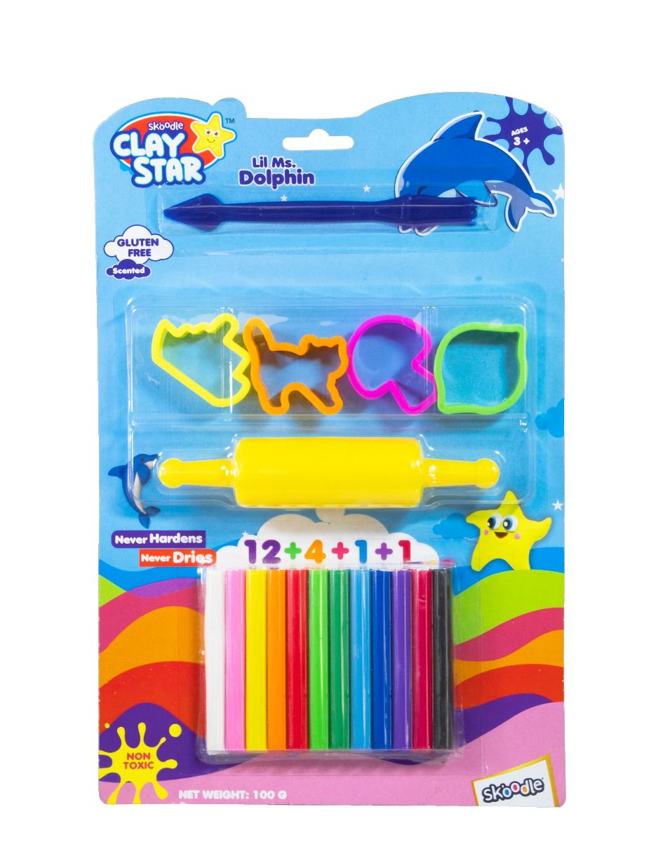 Skoodle Clay Star Scented Clay Pack, 100 Gms With 4 Moulds, 1 Roller & 1 Tool Â€“ Lil Ms. Dolphin